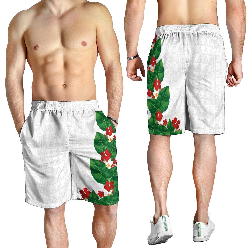 Hawaiian Taro Leaves-Hibiscus and Plumeria Shorts for Men Polynesian Art-Kakau Tattoo White LT03 - Polynesian Pride
