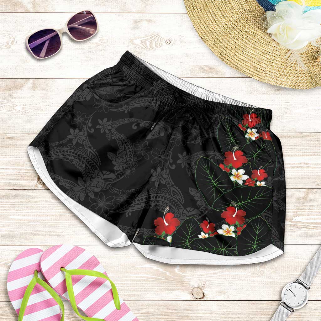 Hawaiian Taro Leaves-Hibiscus and Plumeria Shorts for Women Floral Tribal Tattoo Motif LT03 Black - Polynesian Pride