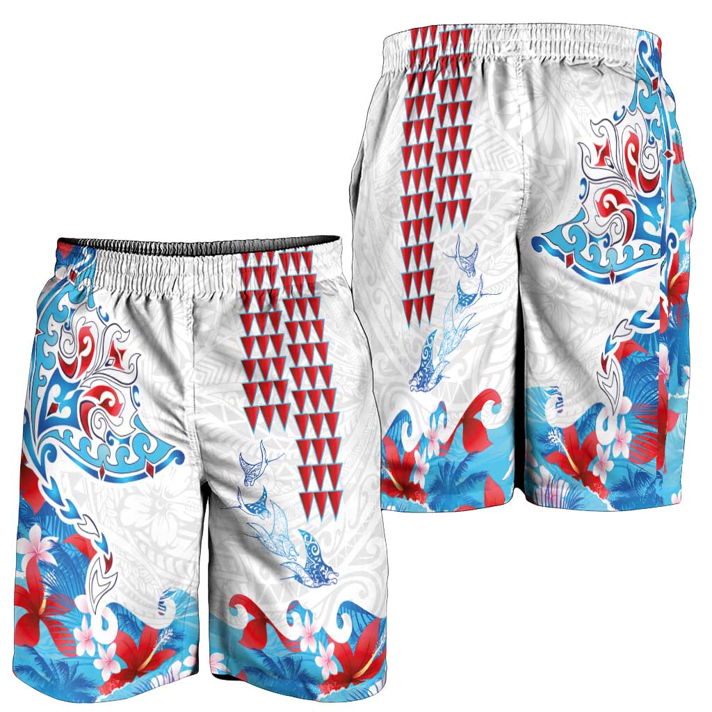 Hawaiian Tribal Manta Ray Shorts for Men Kakau Tattoo and Flowers Surfing Waves Pattern Ocean Color LT03 - Polynesian Pride