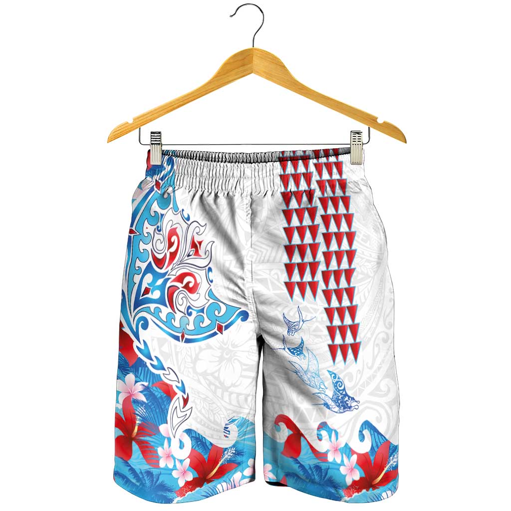 Hawaiian Tribal Manta Ray Shorts for Men Kakau Tattoo and Flowers Surfing Waves Pattern Ocean Color LT03 - Polynesian Pride