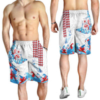 Hawaiian Tribal Manta Ray Shorts for Men Kakau Tattoo and Flowers Surfing Waves Pattern Ocean Color LT03 - Polynesian Pride
