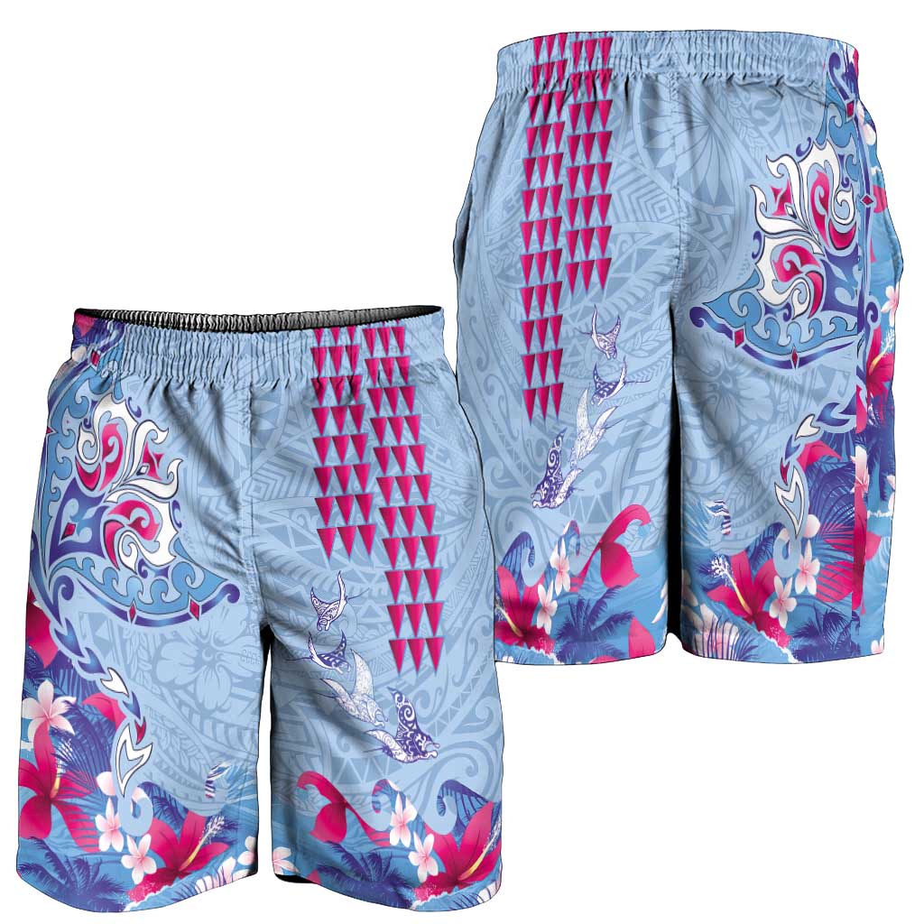 Hawaiian Tribal Manta Ray Shorts for Men Kakau Tattoo and Flowers Surfing Waves Pattern Soft Color LT03 - Polynesian Pride