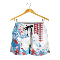 Hawaiian Tribal Manta Ray Shorts for Women Kakau Tattoo and Flowers Surfing Waves Pattern Ocean Color LT03 - Polynesian Pride