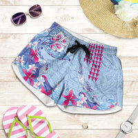 Hawaiian Tribal Manta Ray Shorts for Women Kakau Tattoo and Flowers Surfing Waves Pattern Soft Color LT03 Multicolor - Polynesian Pride