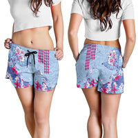 Hawaiian Tribal Manta Ray Shorts for Women Kakau Tattoo and Flowers Surfing Waves Pattern Soft Color LT03 - Polynesian Pride