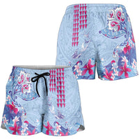 Hawaiian Tribal Manta Ray Shorts for Women Kakau Tattoo and Flowers Surfing Waves Pattern Soft Color LT03 - Polynesian Pride