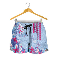 Hawaiian Tribal Manta Ray Shorts for Women Kakau Tattoo and Flowers Surfing Waves Pattern Soft Color LT03 - Polynesian Pride