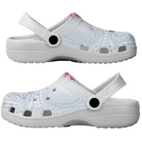 Hawaiian Tribal Tattoo and Hibiscus Clogs Shoes Polynesian Pattern Airy White Blue Cloud