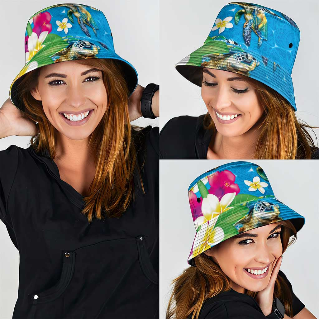 Hawaiian Tropical Flower Honu Bucket Hat Under The Blue Water LT03 - Polynesian Pride