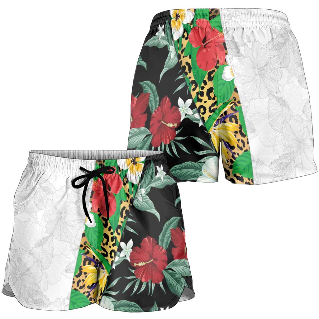 Hawaiian Tropical Flowers and Leaves Shorts for Women Leopard Pattern Half White Black Version LT03 - Polynesian Pride