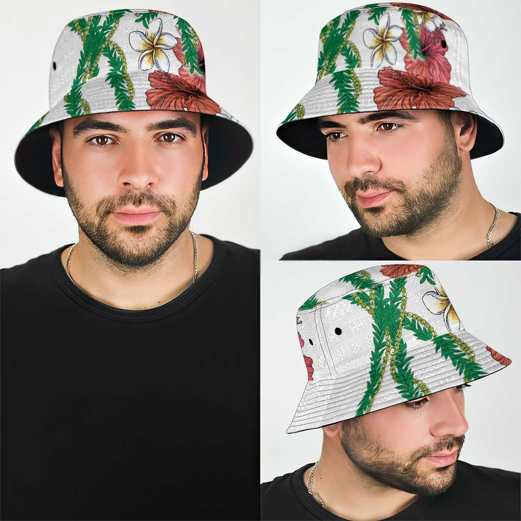 Hawaiian Tropical Flowers and Maile Pikake Bucket Hat Polynesian Tribal Pattern White Color LT03