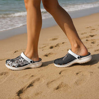 Hawaiian Tropical Flowers and Maile Pikake Clogs Shoes Polynesian Tribal Pattern Grayscale Mode