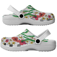 Hawaiian Tropical Flowers and Maile Pikake Clogs Shoes Polynesian Tribal Pattern White Color
