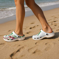 Hawaiian Tropical Flowers and Maile Pikake Clogs Shoes Polynesian Tribal Pattern White Color