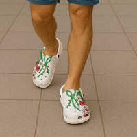Hawaiian Tropical Flowers and Maile Pikake Clogs Shoes Polynesian Tribal Pattern White Color