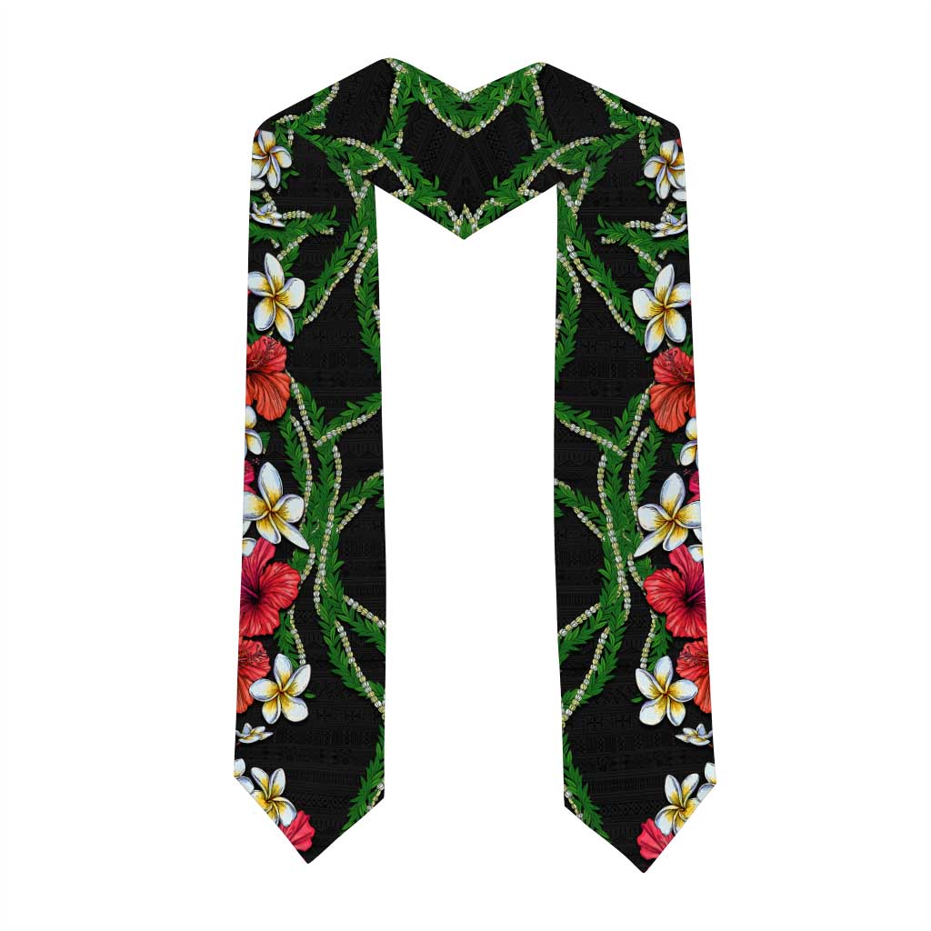 Hawaiian Tropical Flowers and Maile Pikake Graduation Stole Polynesian Tribal Pattern Black Color
