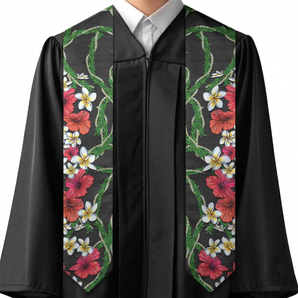 Hawaiian Tropical Flowers and Maile Pikake Graduation Stole Polynesian Tribal Pattern Black Color