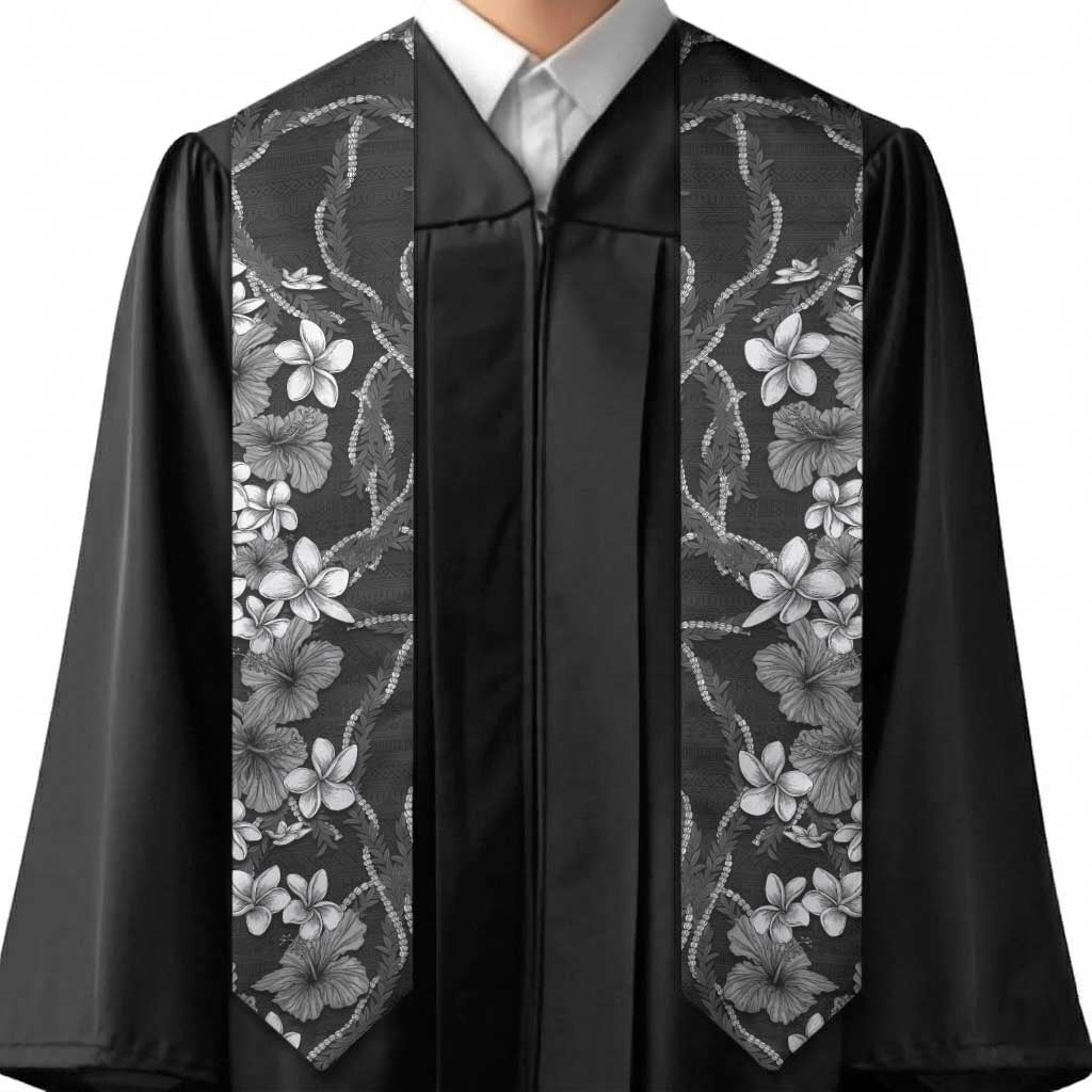 Hawaiian Tropical Flowers and Maile Pikake Graduation Stole Polynesian Tribal Pattern Grayscale Mode LT03 - Polynesian Pride