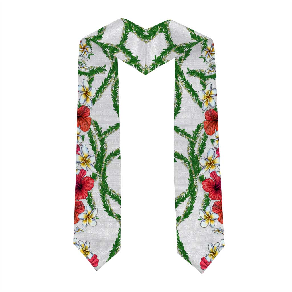Hawaiian Tropical Flowers and Maile Pikake Graduation Stole Polynesian Tribal Pattern White Color