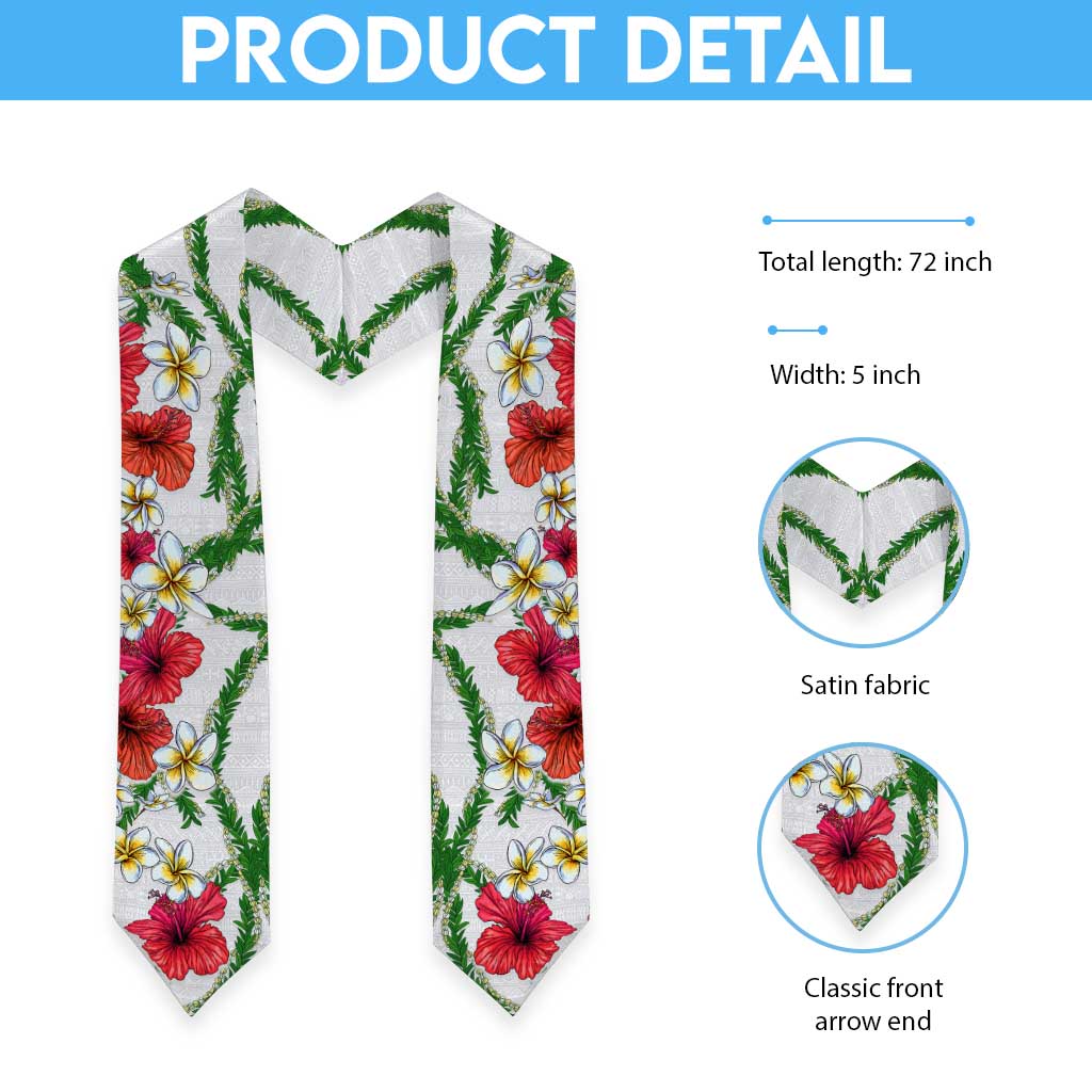 Hawaiian Tropical Flowers and Maile Pikake Graduation Stole Polynesian Tribal Pattern White Color