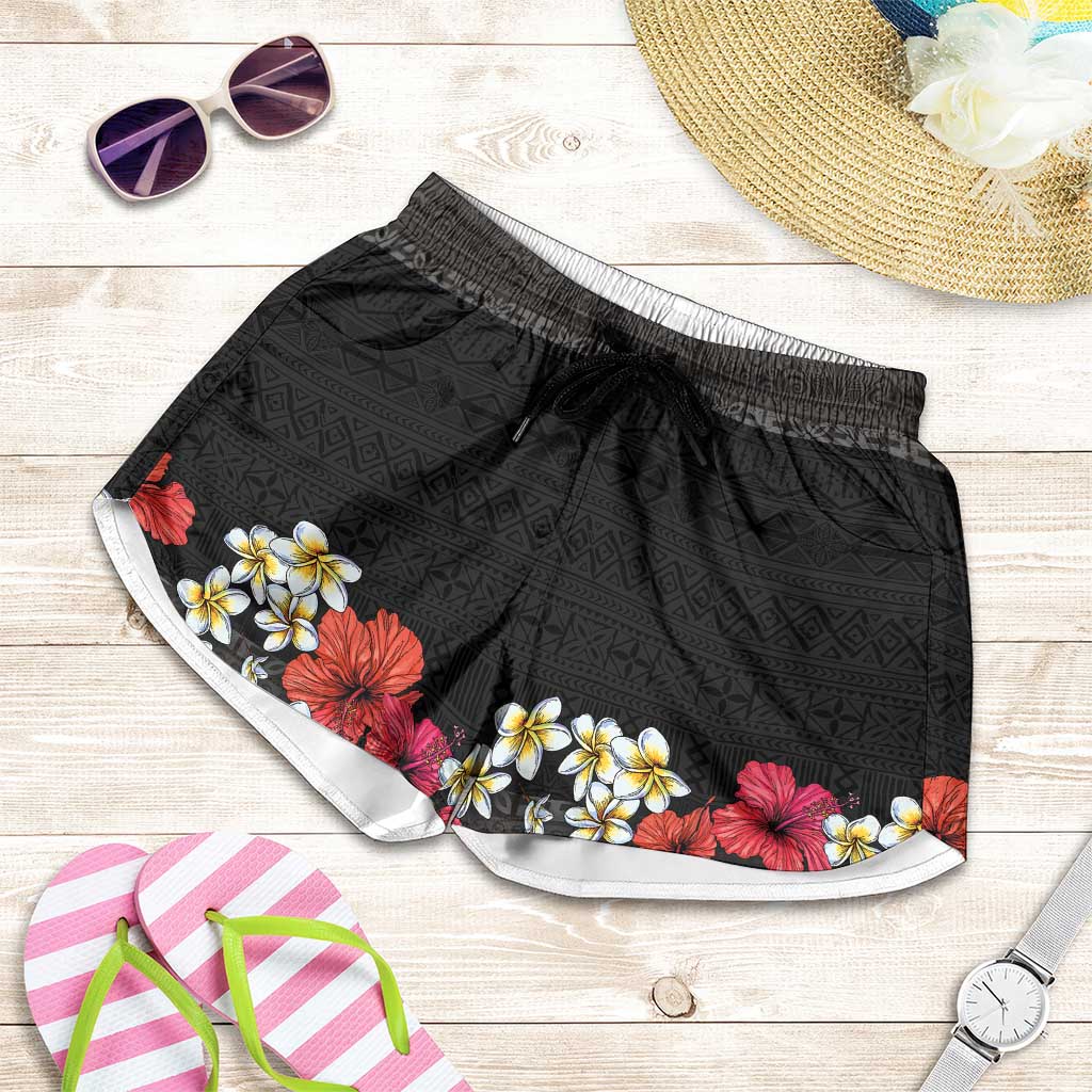 Hawaiian Tropical Flowers and Tribal Polynesian Tattoo Shorts for Women Black Color LT03 Black - Polynesian Pride