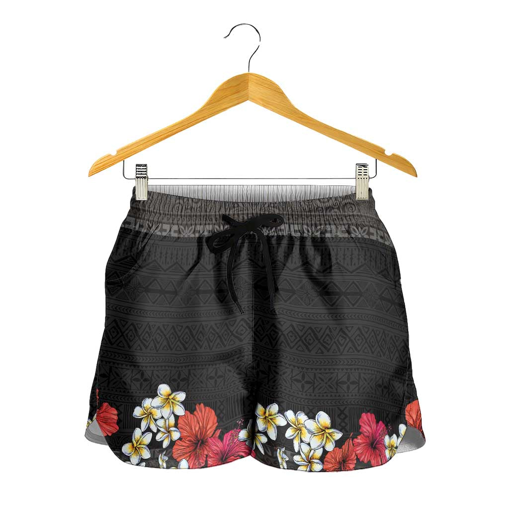 Hawaiian Tropical Flowers and Tribal Polynesian Tattoo Shorts for Women Black Color LT03 - Polynesian Pride