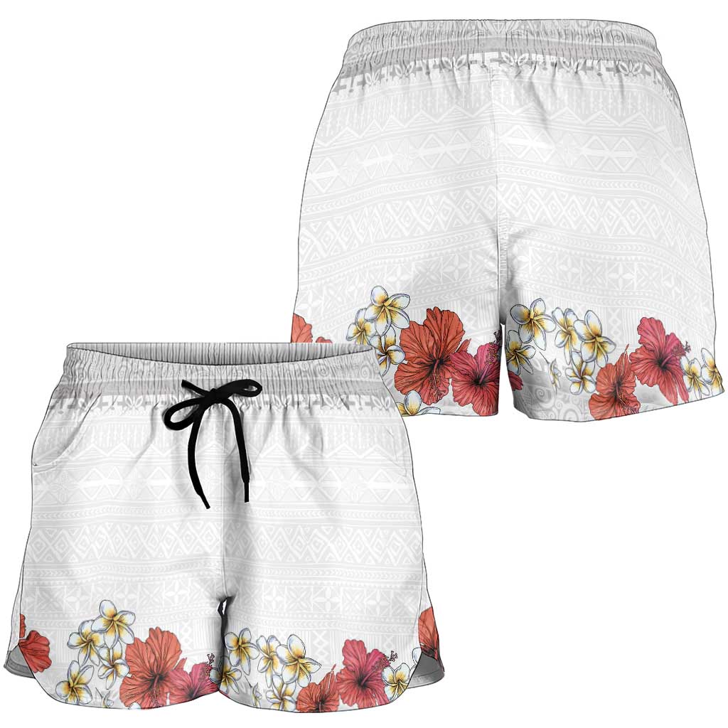 Hawaiian Tropical Flowers and Tribal Polynesian Tattoo Shorts for Women White Color LT03 - Polynesian Pride
