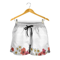Hawaiian Tropical Flowers and Tribal Polynesian Tattoo Shorts for Women White Color LT03 - Polynesian Pride
