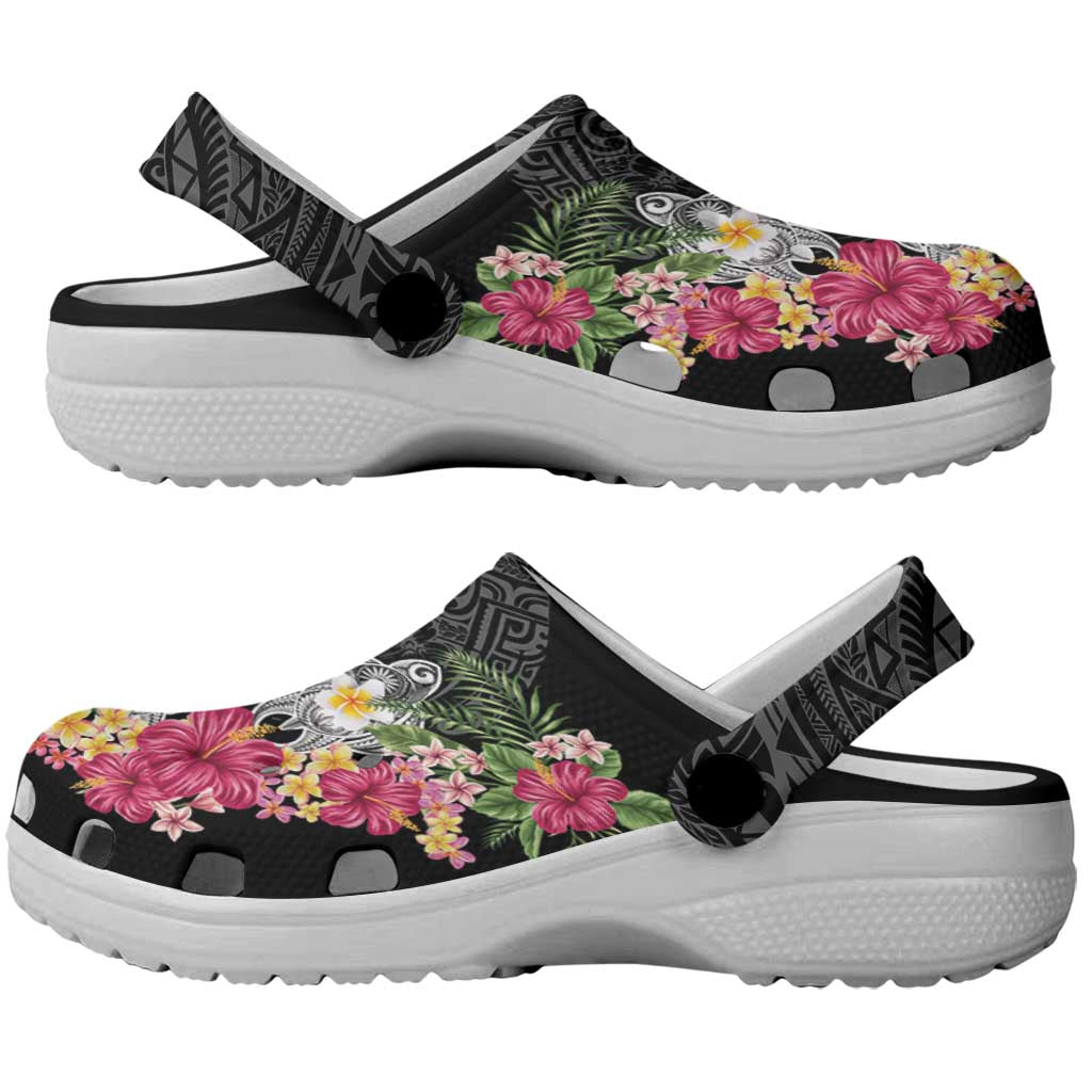 Hawaiian Tropical Flowers and Tribal Turtles Clogs Shoes - Polynesian Art Motifs Black LT03 - Polynesian Pride