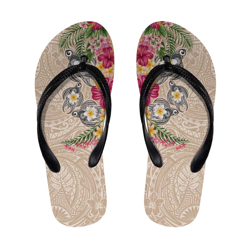 Hawaiian Tropical Flowers and Tribal Turtles Flip Flops Polynesian Art Motifs Beige Color LT03 Beige - Polynesian Pride