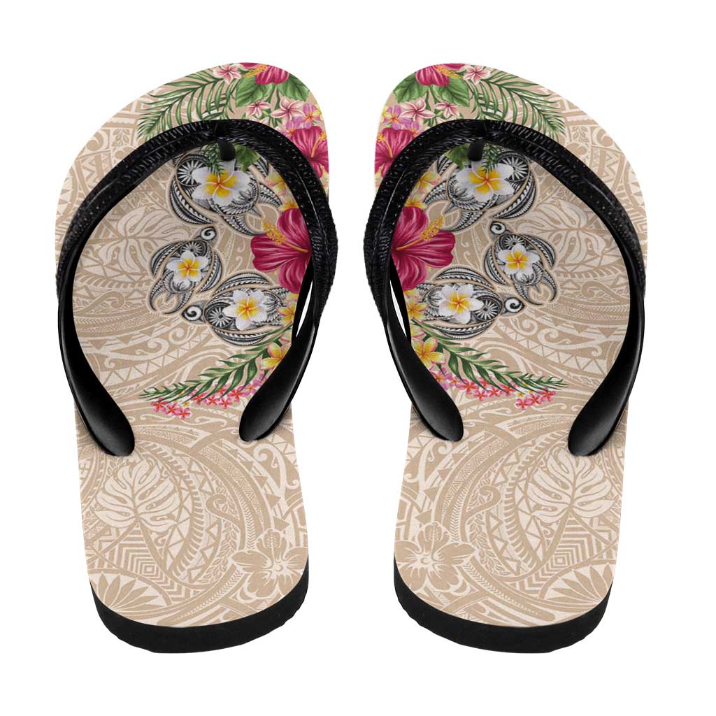 Hawaiian Tropical Flowers and Tribal Turtles Flip Flops Polynesian Art Motifs Beige Color LT03 - Polynesian Pride