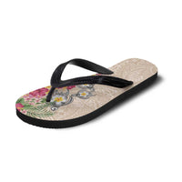 Hawaiian Tropical Flowers and Tribal Turtles Flip Flops Polynesian Art Motifs Beige Color LT03 - Polynesian Pride