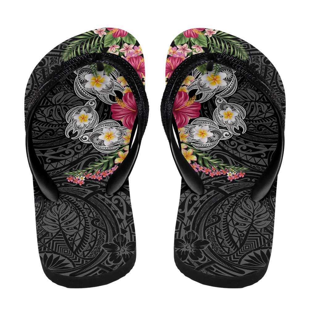 Hawaiian Tropical Flowers and Tribal Turtles Flip Flops Polynesian Art Motifs Black Color LT03 - Polynesian Pride