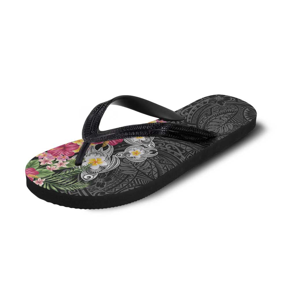 Hawaiian Tropical Flowers and Tribal Turtles Flip Flops Polynesian Art Motifs Black Color LT03 - Polynesian Pride