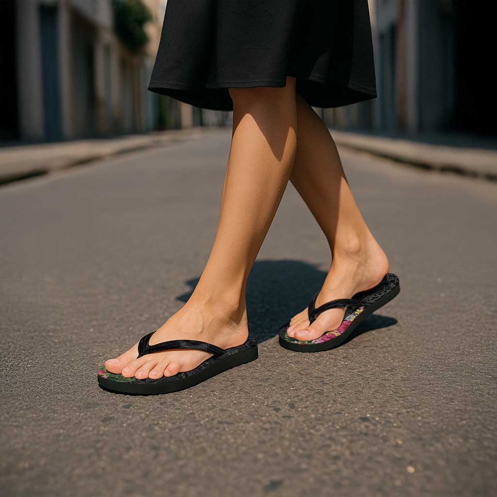 Hawaiian Tropical Flowers and Tribal Turtles Flip Flops Polynesian Art Motifs Black Color LT03 - Polynesian Pride
