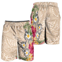 Hawaiian Tropical Flowers and Tribal Turtles Shorts for Men Polynesian Art Motifs Beige Color LT03 - Polynesian Pride