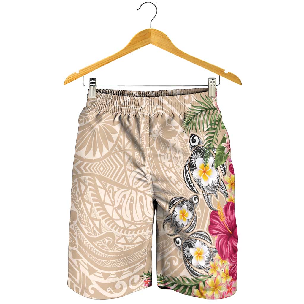 Hawaiian Tropical Flowers and Tribal Turtles Shorts for Men Polynesian Art Motifs Beige Color LT03 - Polynesian Pride