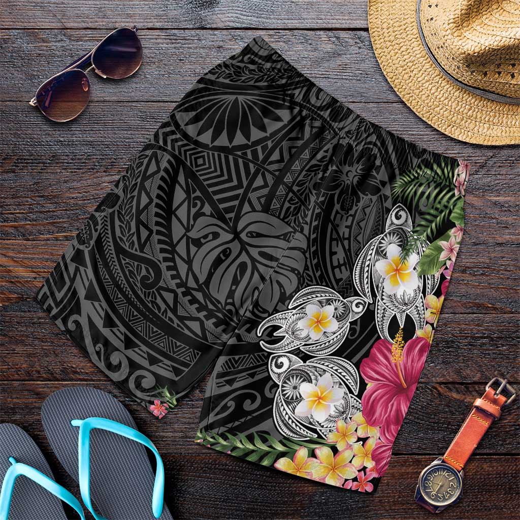 Hawaiian Tropical Flowers and Tribal Turtles Shorts for Men Polynesian Art Motifs Black Color LT03 Black - Polynesian Pride
