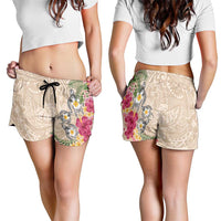 Hawaiian Tropical Flowers and Tribal Turtles Shorts for Women Polynesian Art Motifs Beige Color LT03 - Polynesian Pride