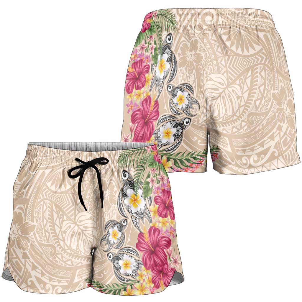 Hawaiian Tropical Flowers and Tribal Turtles Shorts for Women Polynesian Art Motifs Beige Color LT03 - Polynesian Pride