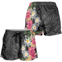 Hawaiian Tropical Flowers and Tribal Turtles Shorts for Women Polynesian Art Motifs Black Color LT03 - Polynesian Pride