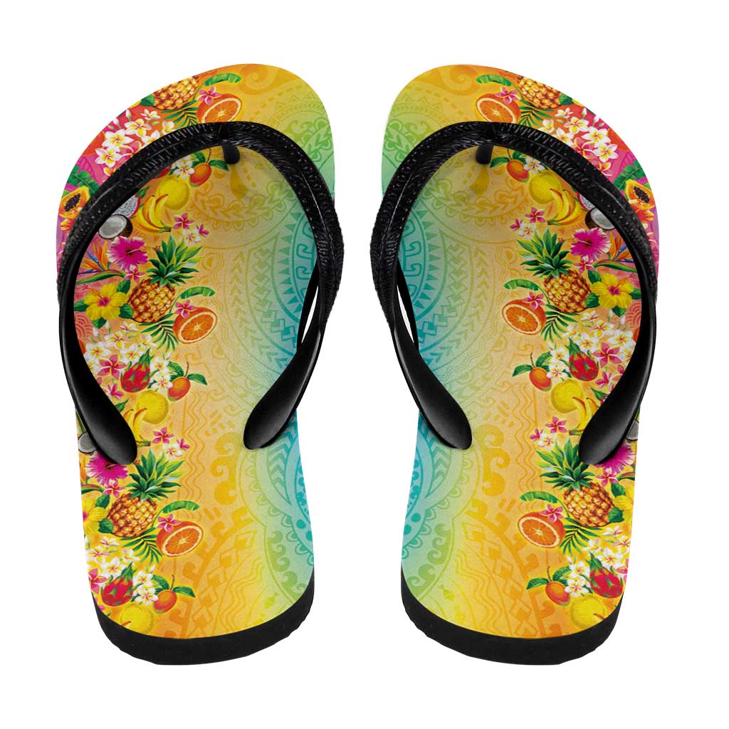 Hawaiian Tropical Fruits and Plants Flip Flops Kakau Pattern Summer Vibe LT03 - Polynesian Pride