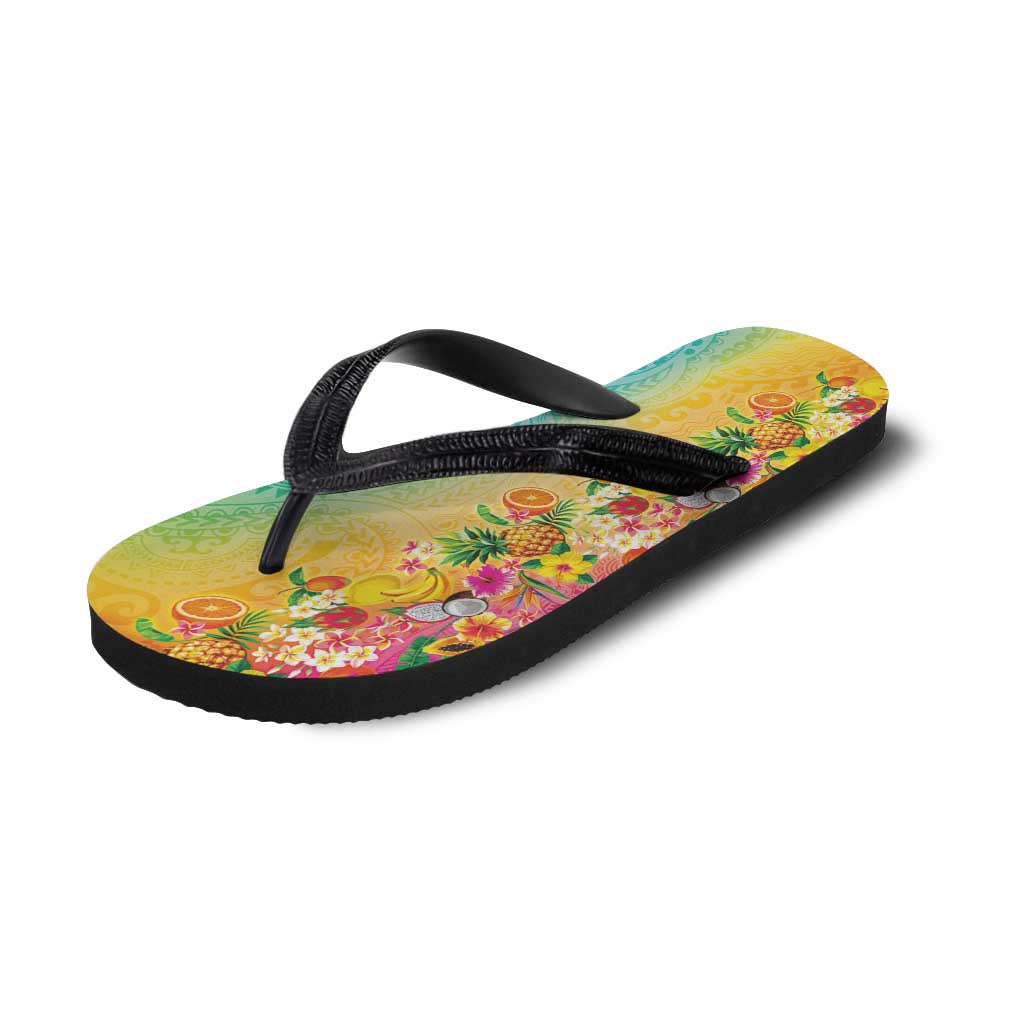 Hawaiian Tropical Fruits and Plants Flip Flops Kakau Pattern Summer Vibe LT03 - Polynesian Pride