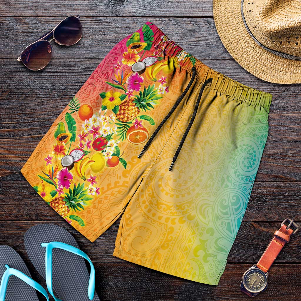 Hawaiian Tropical Fruits and Plants Shorts for Men Kakau Pattern Summer Vibe LT03 Multicolor - Polynesian Pride
