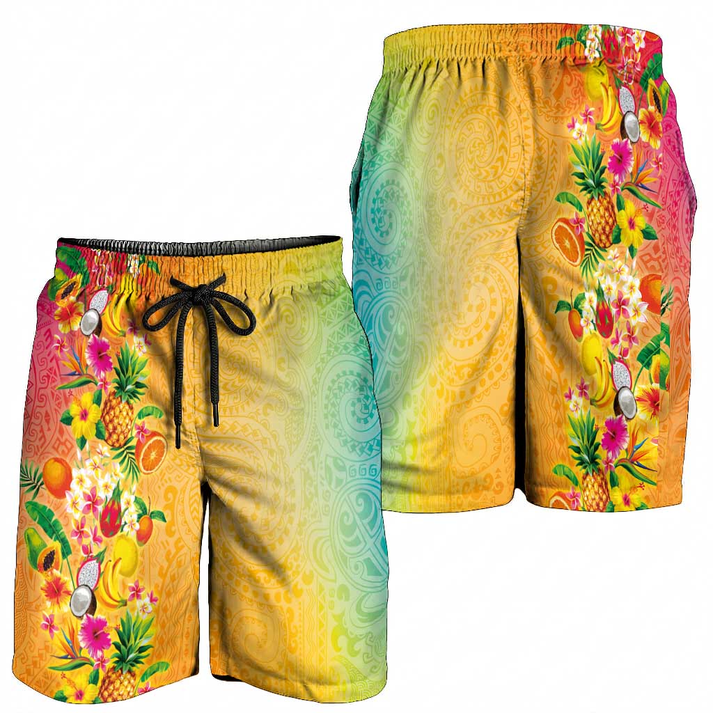 Hawaiian Tropical Fruits and Plants Shorts for Men Kakau Pattern Summer Vibe LT03 - Polynesian Pride