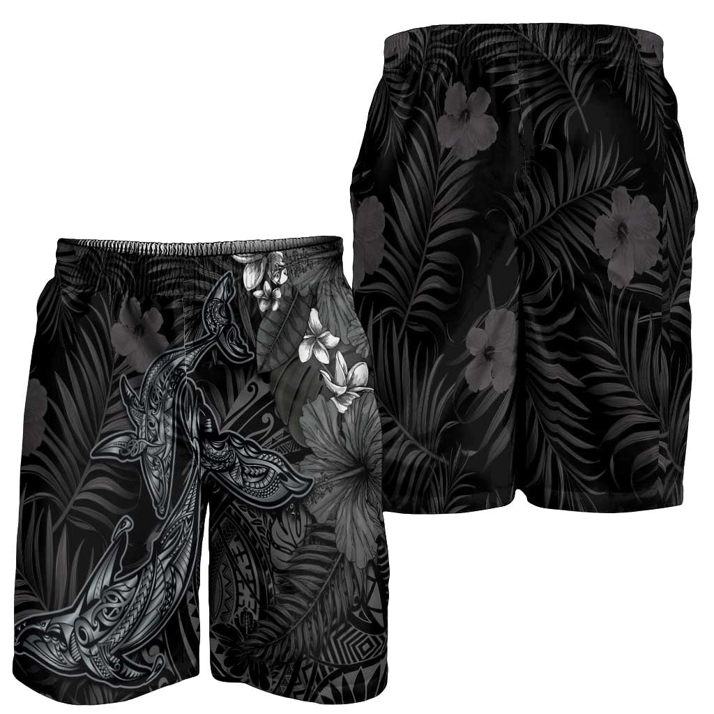 Hawaiian Tropical Plants and Tribal Whales Shorts for Men Polynesian Art Tattoo Grayscale LT03 - Polynesian Pride