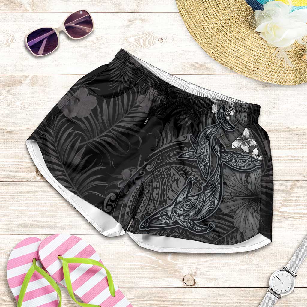 Hawaiian Tropical Plants and Tribal Whales Shorts for Women Polynesian Art Tattoo Grayscale LT03 Black - Polynesian Pride