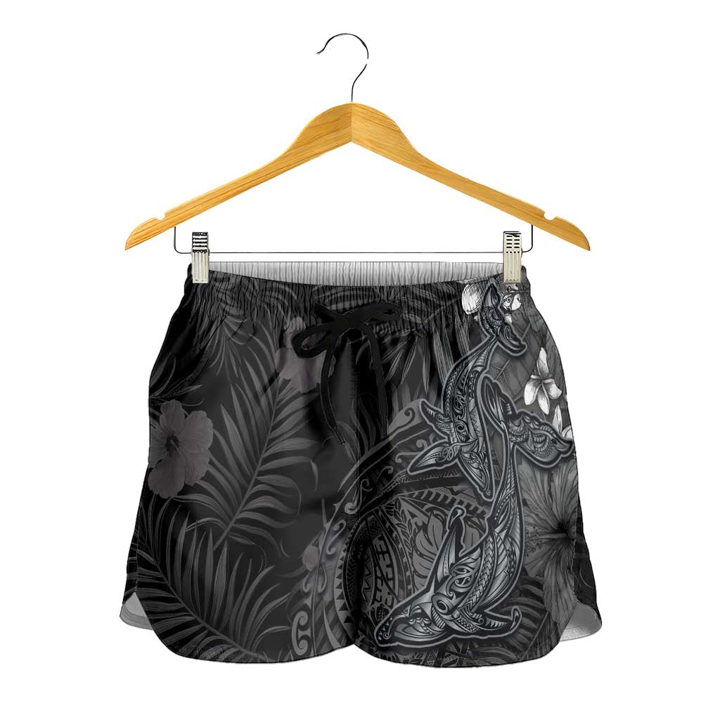 Hawaiian Tropical Plants and Tribal Whales Shorts for Women Polynesian Art Tattoo Grayscale LT03 - Polynesian Pride
