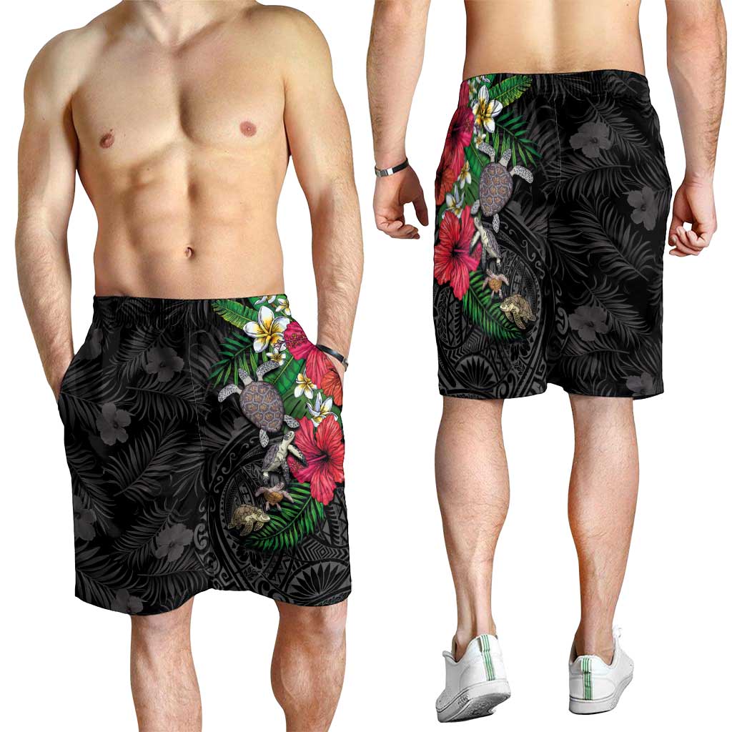 Hawaiian Tropical Plants and Turtles Shorts for Men Polynesian Art Motifs