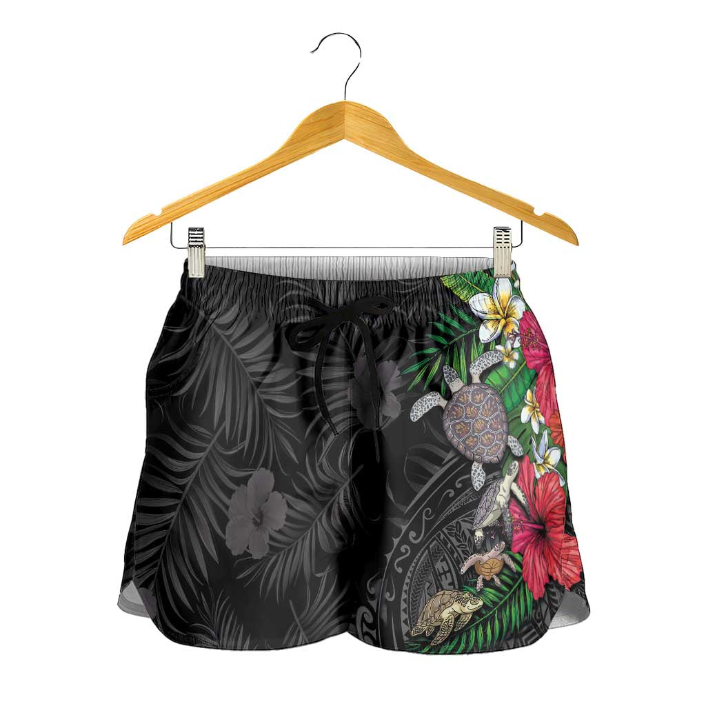 Hawaiian Tropical Plants and Turtles Shorts for Women Polynesian Art Motifs